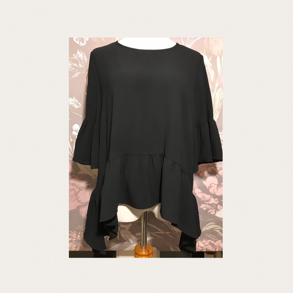 Gibson Brand Flowy Bell Sleeve Black Blouse Top Size Large Petite